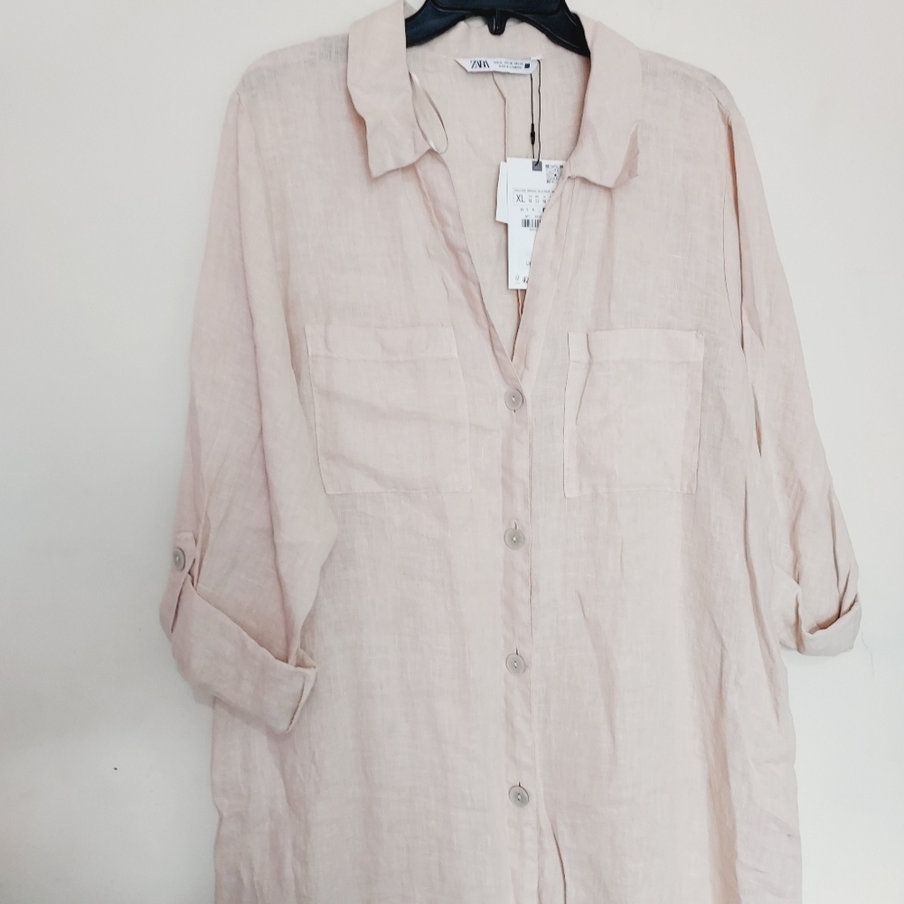 Zara 100% linen Tunic Casual Loose Fit Long Dress Sz-L - Picture 7 of 9